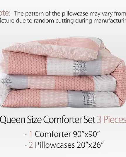Andency Stripe Comforter Set Queen Size (90x90 Inch), 3 Pieces Pink Patchwork Striped Comforter, Soft Microfiber Down Alternative Comforter Bedding Set with Corner Loops - LeafyLoom