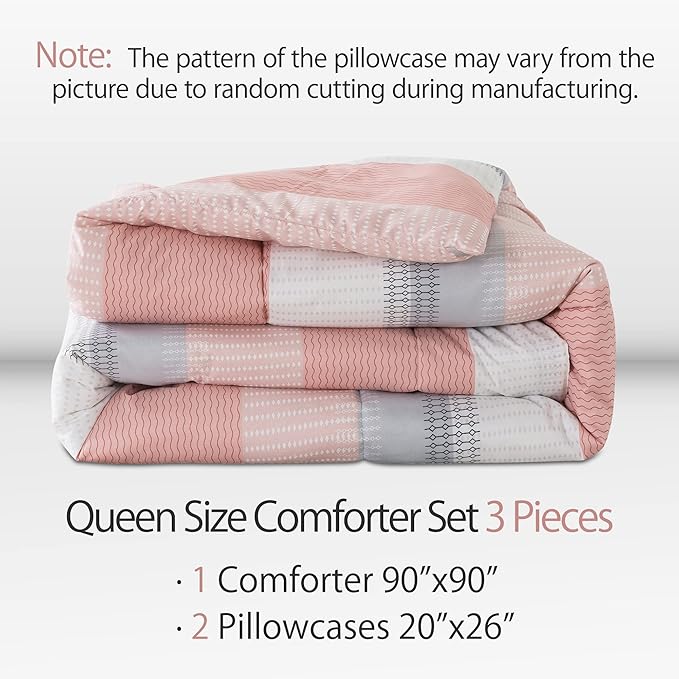 Andency Stripe Comforter Set Queen Size (90x90 Inch), 3 Pieces Pink Patchwork Striped Comforter, Soft Microfiber Down Alternative Comforter Bedding Set with Corner Loops - LeafyLoom