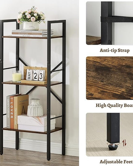 Tajsoon 3 Tier Ladder Shelf Industrial Small Bookcase, Narrow Small Bookshelf with Metal Frame, Multifunctional Skinny Shelf for Bedroom, Living Room, Home Office, Rustic Brown - LeafyLoom