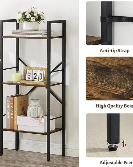 Tajsoon 3 Tier Ladder Shelf Industrial Small Bookcase, Narrow Small Bookshelf with Metal Frame, Multifunctional Skinny Shelf for Bedroom, Living Room, Home Office, Rustic Brown - LeafyLoom