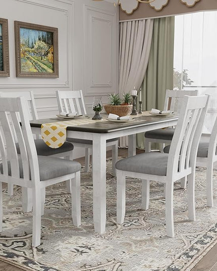 7-Piece Wooden Rectangular Extendable Dining Table and 6 Upholstered Chairs Set for Kitchen Room Furniture, Retro Style, Antique Brown+White, 54"-70" L x 36" W x 30" H - LeafyLoom