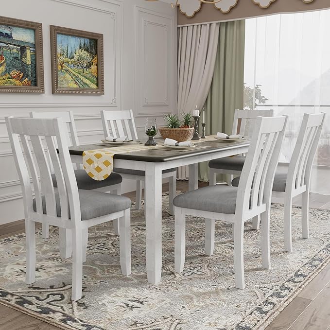 7-Piece Wooden Rectangular Extendable Dining Table and 6 Upholstered Chairs Set for Kitchen Room Furniture, Retro Style, Antique Brown+White, 54"-70" L x 36" W x 30" H - LeafyLoom