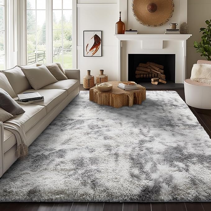 Ophanie Machine Washable Upgrade 8x10 Rugs for Living Room, Grey&White, Fluffy Shaggy Soft Area Rug, Non-Slip Indoor Floor Carpet for Bedroom, Kids Baby Boys Teen Dorm Home Decor Aesthetic, Nursery - LeafyLoom