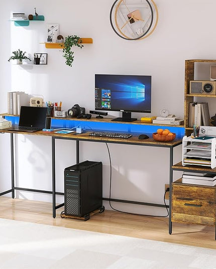 Rustic Brown L Shaped Desk with File Drawers, Computer Desk with Power Outlet and Monitor Shelf, Home Office Desk with Storage Shelves, Gaming Desk with Led Lights - LeafyLoom