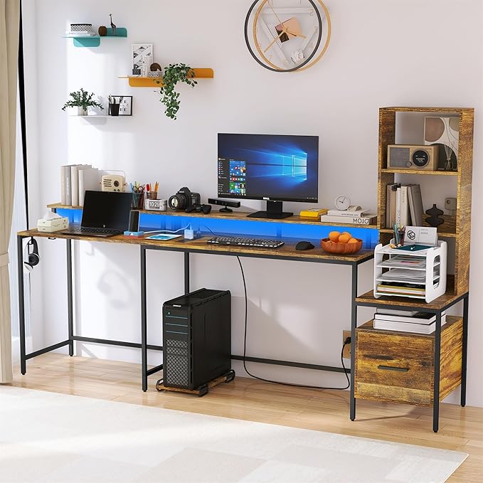 Rustic Brown L Shaped Desk with File Drawers, Computer Desk with Power Outlet and Monitor Shelf, Home Office Desk with Storage Shelves, Gaming Desk with Led Lights - LeafyLoom