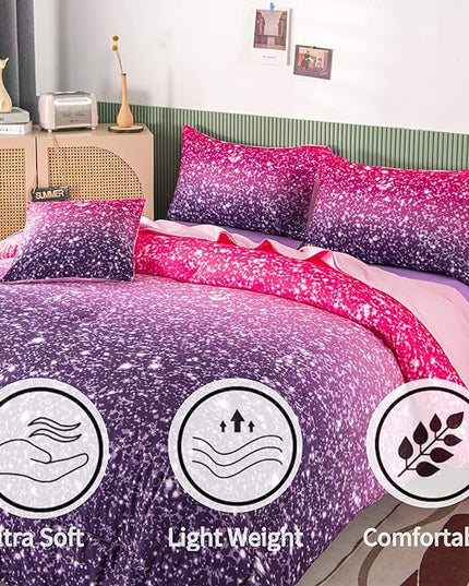 RYNGHIPY 6Pcs Twin Gradient Pink Purple Glitter Comforter Sets for Teens Girls Kids, Colorful Rainbow Glitter Themed Bedding Set - LeafyLoom