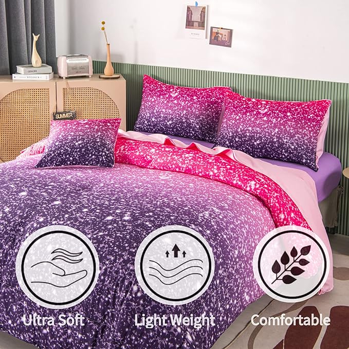 RYNGHIPY 6Pcs Twin Gradient Pink Purple Glitter Comforter Sets for Teens Girls Kids, Colorful Rainbow Glitter Themed Bedding Set - LeafyLoom