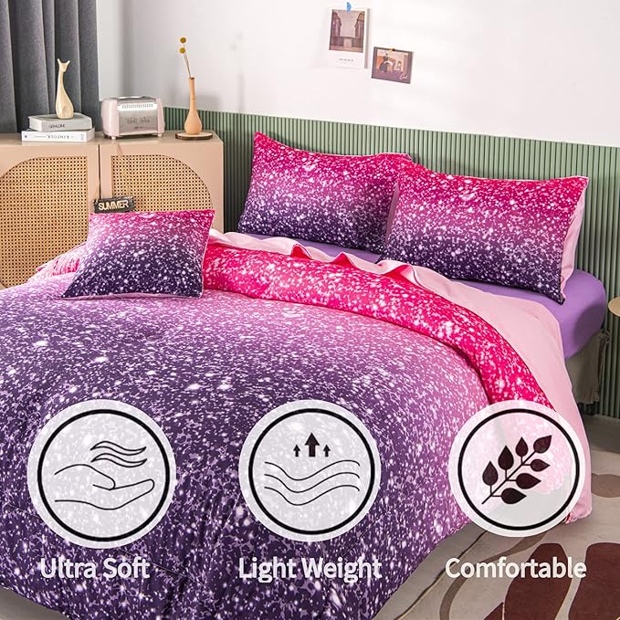 RYNGHIPY 6Pcs Full Gradient Pink Purple Glitter Comforter Sets for Teens Girls Kids, Colorful Rainbow Glitter Themed Bedding Set - LeafyLoom