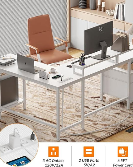 Furologee White 66” L Shaped Desk with Power Outlet, Reversible Computer Desk with File Drawer & 2 Monitor Stands, Home Office Desk with Storage Shelves, Corner Desk for Gaming Writing - LeafyLoom