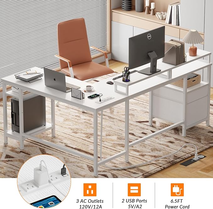 Furologee White 66” L Shaped Desk with Power Outlet, Reversible Computer Desk with File Drawer & 2 Monitor Stands, Home Office Desk with Storage Shelves, Corner Desk for Gaming Writing - LeafyLoom