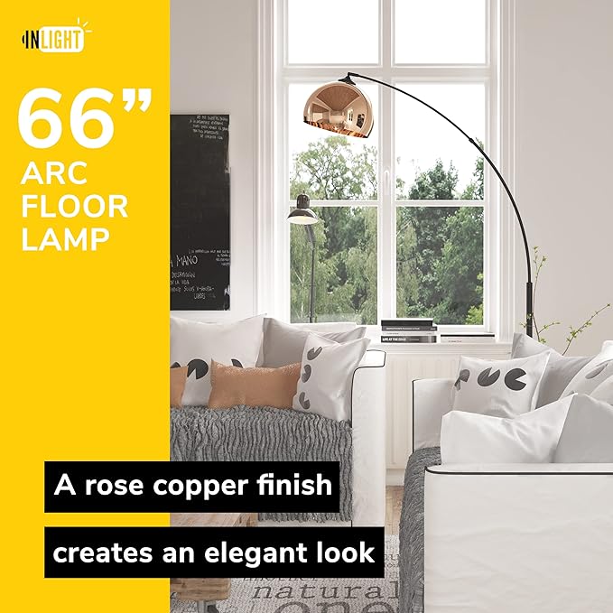 GETINLIGHT 66" Modern Rose Gold Arc Floor Lamp with Metal Shade and Black Marble Base, LED Bulb Included, IN-0806-1-CP - LeafyLoom