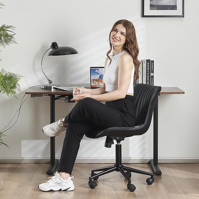 YOUTASTE Office Chair Modern Armless Desk Chair with Wheels, Adjustable Swivel Rolling Computer Task Chair, Faux Leather Sewing Chairs, Ergonomics Rocking Home Gaming Lounge Vanity Chairs, Black - LeafyLoom