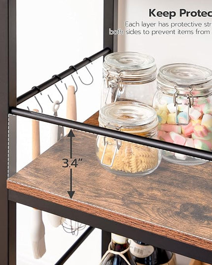 Kitchen Island with Storage,Industrial Kitchen Counter with Hooks and Side Enclosures, 3 Tier Kitchen Cart with Large Workstation, Saving Space, Easy Assembly, Rustic Brown and Black BF03ZD01 - LeafyLoom