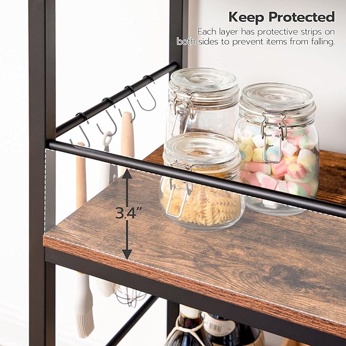 Kitchen Island with Storage,Industrial Kitchen Counter with Hooks and Side Enclosures, 3 Tier Kitchen Cart with Large Workstation, Saving Space, Easy Assembly, Rustic Brown and Black BF03ZD01 - LeafyLoom