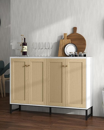 Panana Sideboard Accent Storage Cabinet with Rattan Decorated 4 Doors Dining Room Freestanding Kitchen Buffet Table Cupboard (White) - LeafyLoom