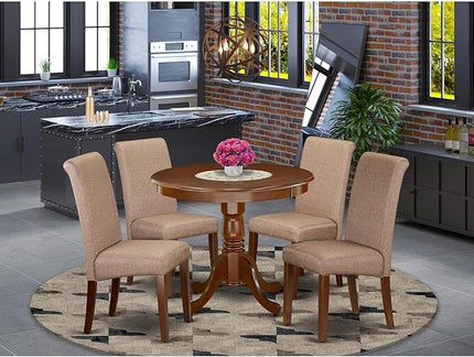 East West Furniture ANBA5-MAH-18 5 Piece Set for 4 includes a Round Kitchen Table with Pedestal and 4 Brown Linen Fabric Parson Dining Chairs, 36x36 Inch - LeafyLoom