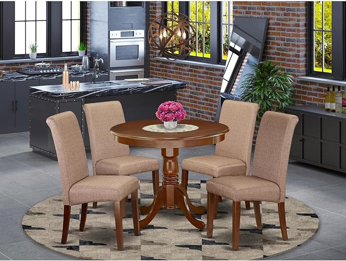 East West Furniture ANBA5-MAH-18 5 Piece Set for 4 includes a Round Kitchen Table with Pedestal and 4 Brown Linen Fabric Parson Dining Chairs, 36x36 Inch - LeafyLoom