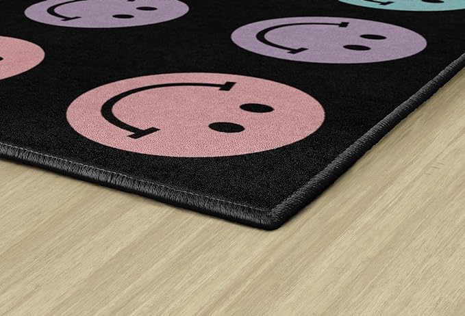 Flagship Carpets Schoolgirl Style Rainbow Smileys in Black Criss-Cross Applesauce Educational Area Rug for Kids Room, Children's Classroom for Teaching & Playroom, 7'6" x 12', Black & Multi, Seats 28 - LeafyLoom