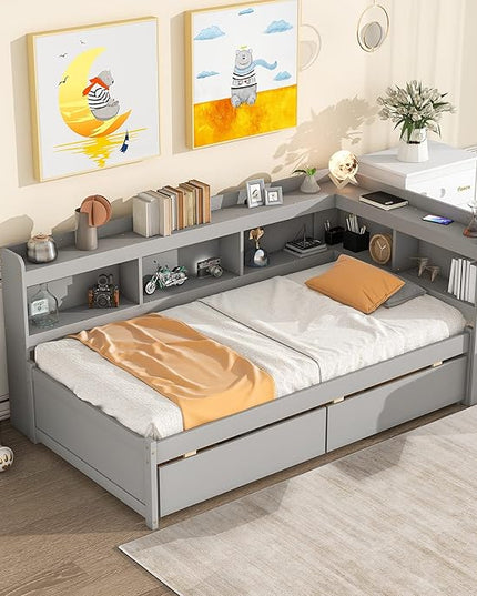 Twin Size Platform 2 Storage Drawers and L-Shaped Bookcases, Wooden Captain Bed Daybed Frame with Headboard for Bedroom, Living Room, Gray - LeafyLoom