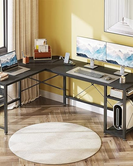 Coleshome L Shaped Computer Desk 59" with Power Outlet, Corner Desk Workstation with Storage Shelves, Modern Wooden Office Gaming Desk, Wood & Metal PC Desk, Black - LeafyLoom