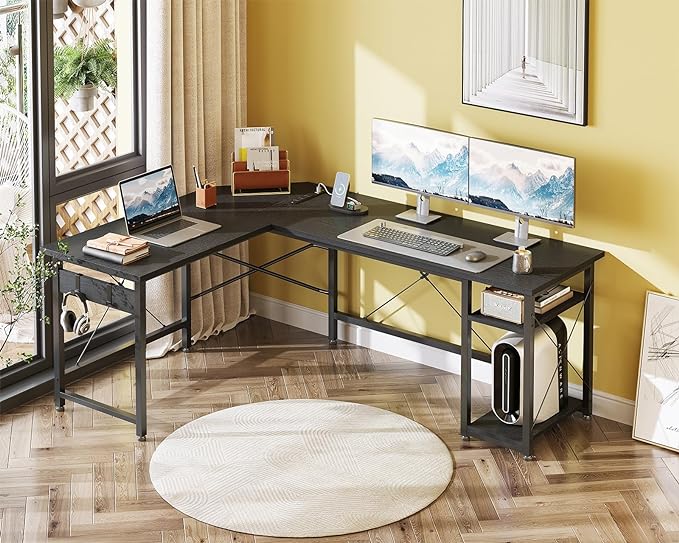 Coleshome L Shaped Computer Desk 59" with Power Outlet, Corner Desk Workstation with Storage Shelves, Modern Wooden Office Gaming Desk, Wood & Metal PC Desk, Black - LeafyLoom