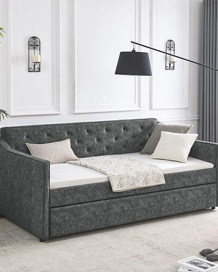 Upholstered Twin Size Daybed with Twin Trundle, Solid Wood Sofa Bed w/Button Tufted Backrest and Waved Shape Arms, for Kids, Living Room, Bedroom, Dorm, No Box Spring Needed, Grey - LeafyLoom
