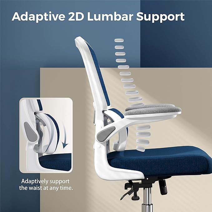 Ergonomic Office Chair, Desk Chair with Flip-up Arms, 2D Lumbar Support, Breathable Mesh Computer Chair with Thick Cushion, Comfortable Office Chair with 90°-130° Tilt Function - LeafyLoom