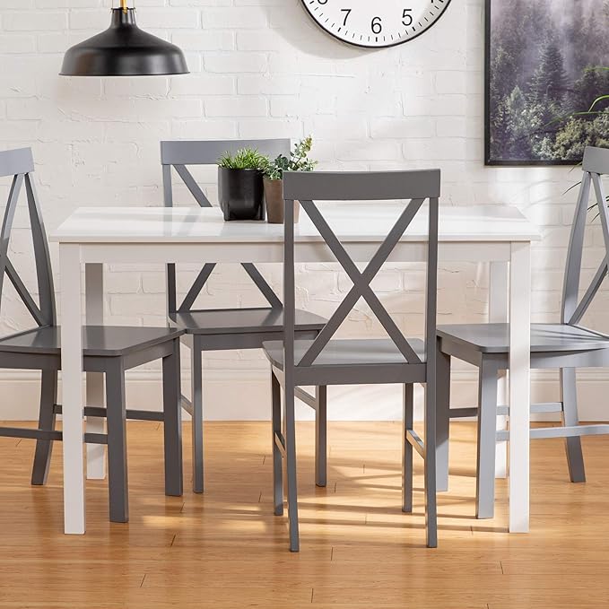 Walker Edison 4 Person Modern Farmhouse Wood Small Dining Table Dining Room Kitchen Table Set Dining 4 X Chairs Set, 48 Inch, White and Grey - LeafyLoom