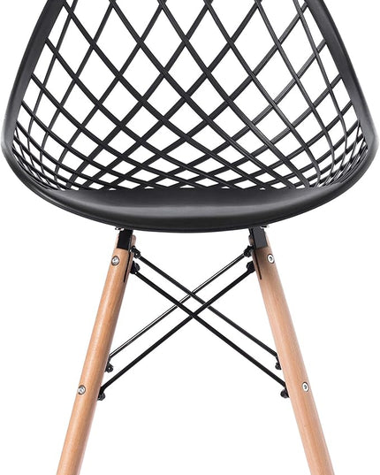 Mid-Century Modern Style Plastic DSW Shell Dining Chair with Lattice Back and Wooden Dowel Eiffel Legs, Black - LeafyLoom