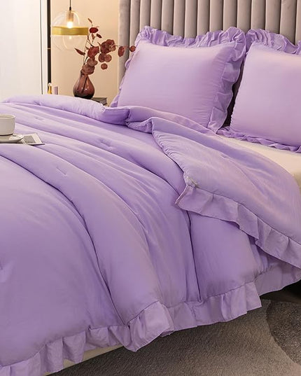 Andency Lavender Twin Size Comforter(66x90Inch), 2 Pieces(1 Ruffle Comforter and 1 Pillowcase) Solid Farmhouse Shabby Chic Comforter, Lighteweight and Soft Microfiber Bedding Set - LeafyLoom