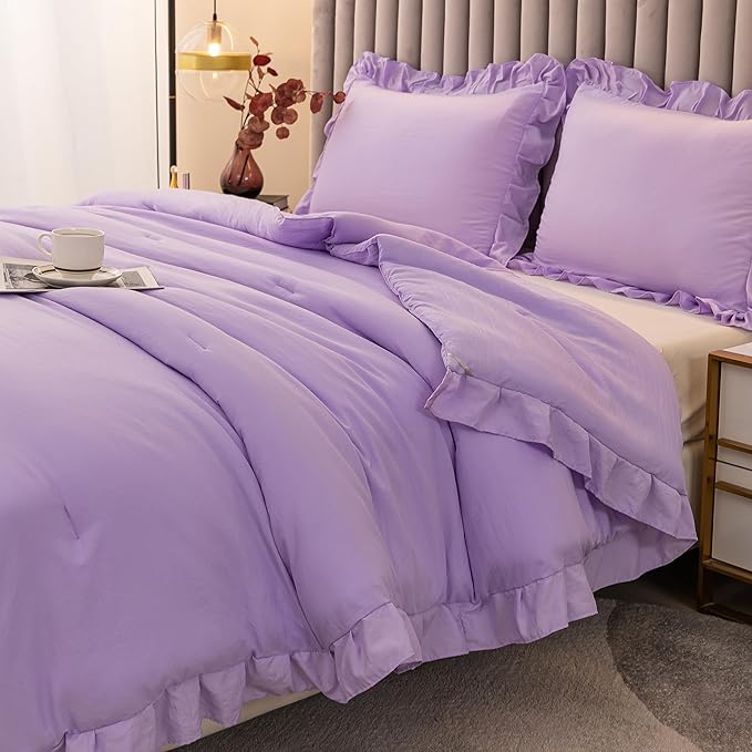 Andency Lavender Twin Size Comforter(66x90Inch), 2 Pieces(1 Ruffle Comforter and 1 Pillowcase) Solid Farmhouse Shabby Chic Comforter, Lighteweight and Soft Microfiber Bedding Set - LeafyLoom