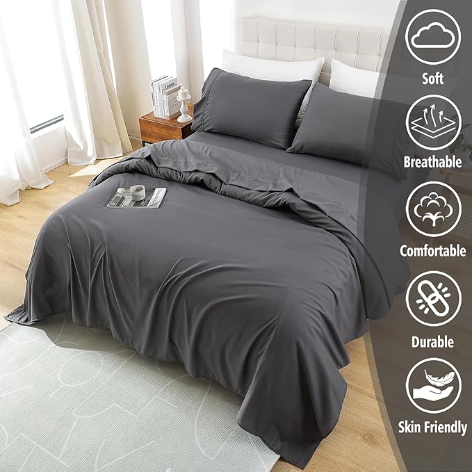 Whitney Home Textile King Sheet Set - 4 Piece Luxury Cooling Bed Sheets for King Size Bed, Silky Soft Sheets 16" Deep Pocket, Hotel Bedding Sheets and Pillowcases, Wrinkle Free Oeko-Tex Sheets - LeafyLoom