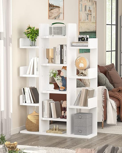 Aheaplus Bookshelf, Tree-Shaped Bookcase Storage Shelf with 13 compartments, Books Organizer Display Cube Shelves, Industrial Free Floor Standing Wood Open Bookshelves for Home, White - LeafyLoom
