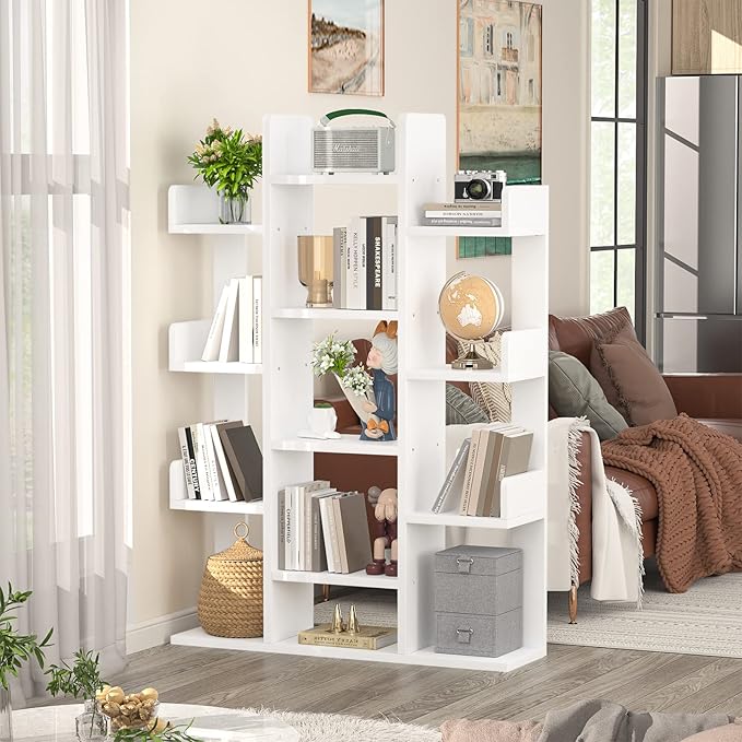 Aheaplus Bookshelf, Tree-Shaped Bookcase Storage Shelf with 13 compartments, Books Organizer Display Cube Shelves, Industrial Free Floor Standing Wood Open Bookshelves for Home, White - LeafyLoom