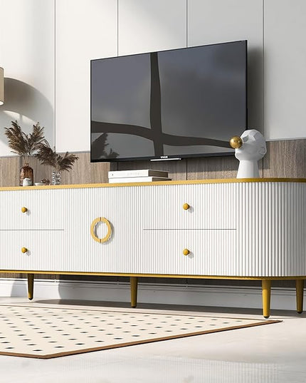 Merax Modern TV Stand for Televisions up to 80 Inches, Entertainment Center with 4 Drawers and 1 Cabinet, Wood Console Table with Metal Legs and Handles for Living Room, 70.9" Length, White - LeafyLoom