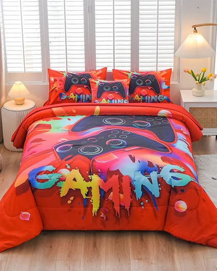 Aimuan Gaming Comforter Sets for Boys Kids Bedding Sets Video Games Console Action Buttons Novelty Colorful Game Gamepad Controller Modern Gamer Room Decor Home Quilt Set (Twin 6 Pcs, Red) - LeafyLoom