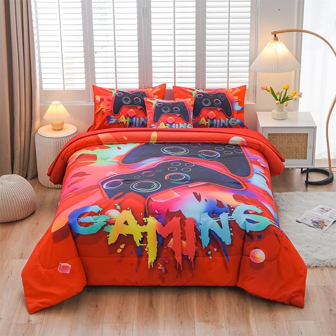 Aimuan Gamer Gaming Bedding Sets 3D Gamepad Comforter Sets for Boys Games Console Action Buttons Novelty Colorful Game Controller Modern Room Decor Home Quilt Set (Red, Full 6PCS) - LeafyLoom