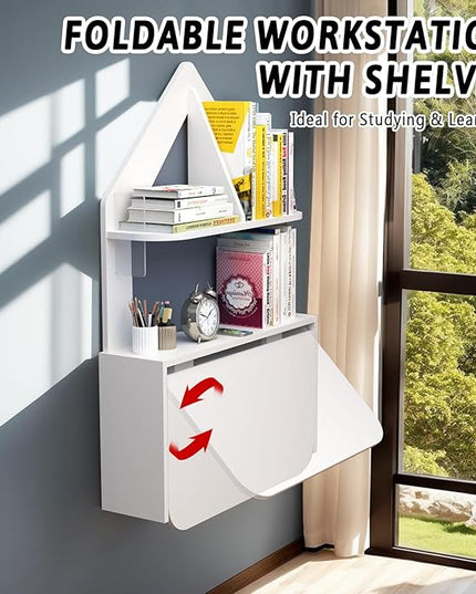 Wall Mounted Drop-Leaf Table, Floating Laptop Desk, Folding Table with Shelves, Multifunctional Computer Workstation Storage Compartments in Home Office for Space Saving (White) - LeafyLoom