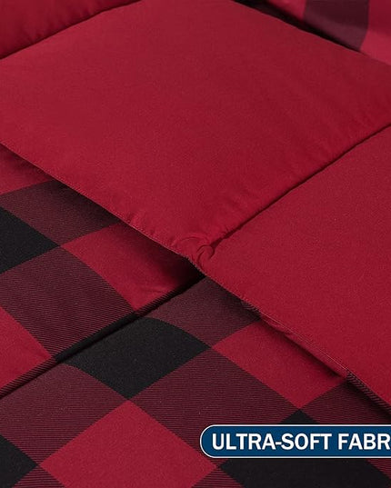 downluxe Lightweight Plaid Comforter Set (King) with 2 Pillow Shams - 3-Piece Set - Red/Black Plaid - Down Alternative Reversible Comforter - LeafyLoom