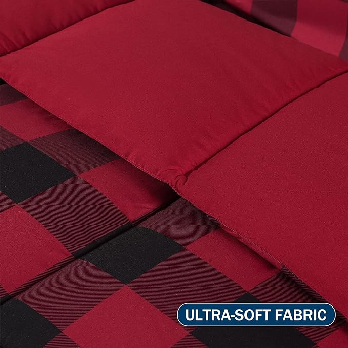 downluxe Lightweight Plaid Comforter Set (Twin) with 1 Pillow Sham - 2-Piece Set - Red/Black Plaid - Down Alternative Reversible Comforter - LeafyLoom