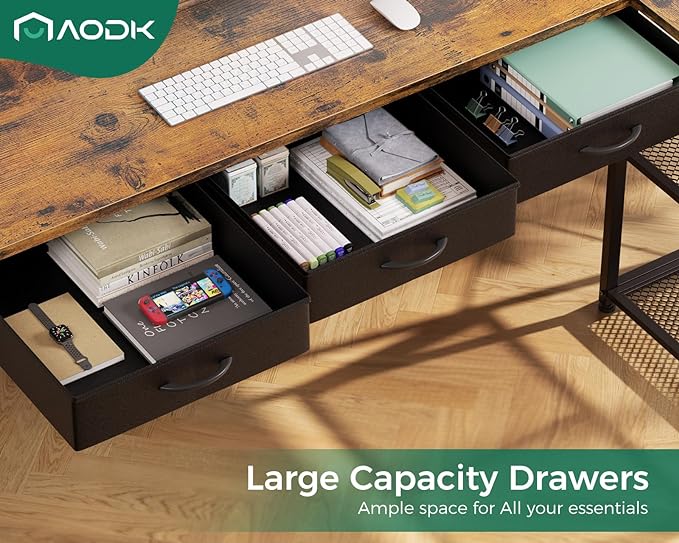 AODK 61 Inch L Shaped Computer Desk with Drawers, Corner Desk with Power Outlets & Reversible Storage Shelves, Movable CPU Stand for Home Office Gaming, Vintage - LeafyLoom