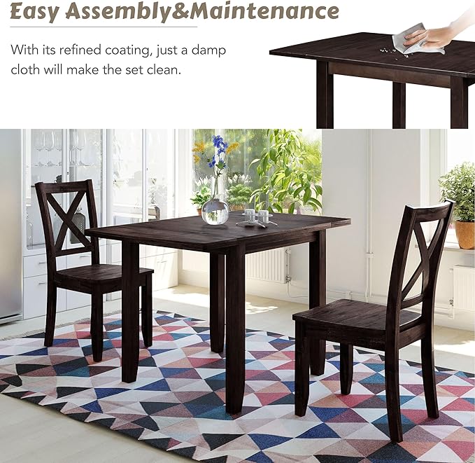 Farmhouse Style Wood Breakfast Nook 2 X-Back Chairs, Extendable Drop Leaf Design & Easy Assembly, Room, Kitchen, 3 Piece Dining Table Set, Espresso 32 - LeafyLoom