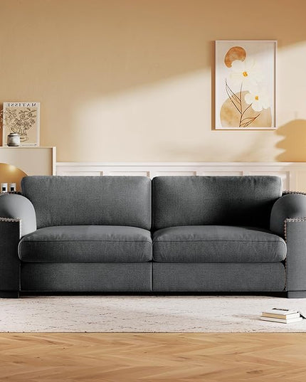 Morden Stylish 3-Seat Upholstered Couch Linen Fabric Nailhead Decor Sofa&Couch with Thicker Cushions and Armrests for Home Office Apartment Living Room, 91", Gray-337 - LeafyLoom