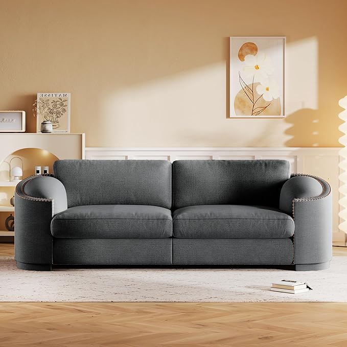 Morden Stylish 3-Seat Upholstered Couch Linen Fabric Nailhead Decor Sofa&Couch with Thicker Cushions and Armrests for Home Office Apartment Living Room, 91", Gray-337 - LeafyLoom