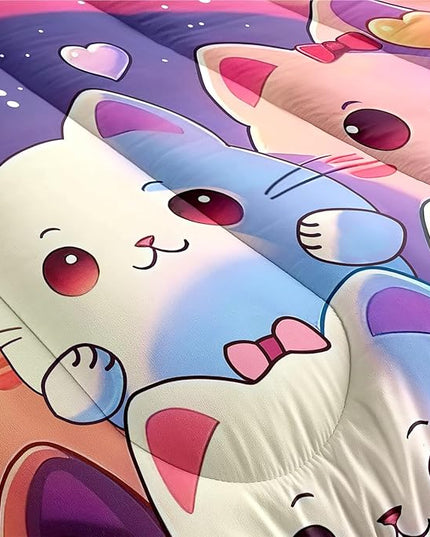 Rainbow Cat Comforter Queen Size - Rainbow Cat Bedding for Girls Room Cute Cartoon Rainbow Bedding Queen Comforter Sets for Kids, 1 Comforter+2 Pillowcases - LeafyLoom