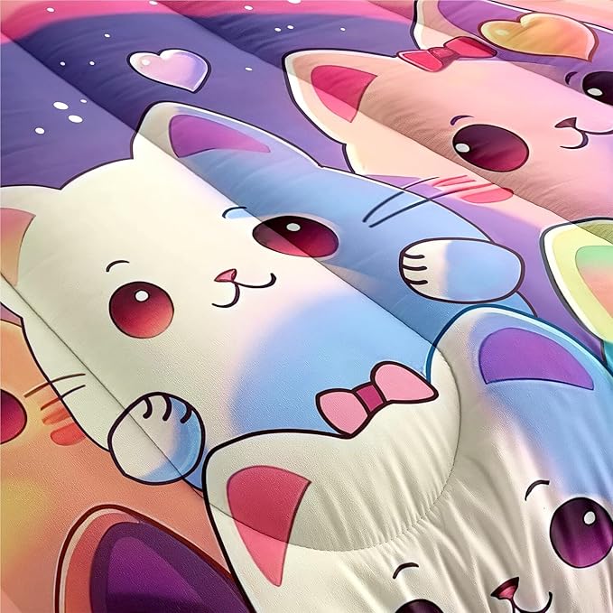 Rainbow Cat Comforter Queen Size - Rainbow Cat Bedding for Girls Room Cute Cartoon Rainbow Bedding Queen Comforter Sets for Kids, 1 Comforter+2 Pillowcases - LeafyLoom