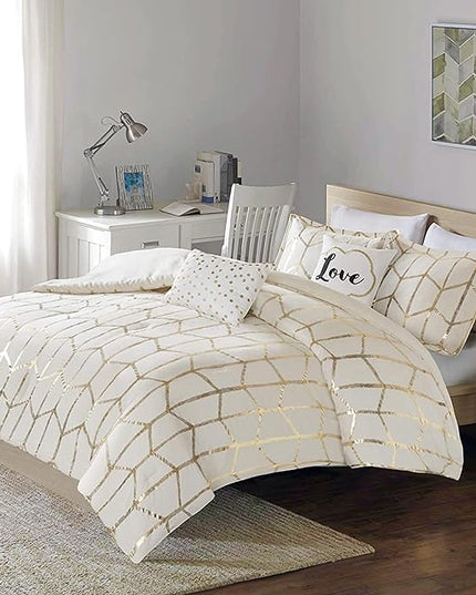 Intelligent Design, Soft Microfiber Comforter Modern Geometric Metallic Bed Set, King/Cal King, Ivory/Gold - LeafyLoom