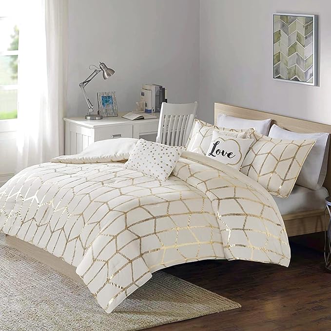 Intelligent Design Raina Full / Queen Comforter Set, Soft Microfiber Comforter Set Queen, Modern Geometric Metallic Bed Set, 5 Pieces College Bedding Comforter Set with 2 Shams, 2 Toss Pillows Ivory - LeafyLoom