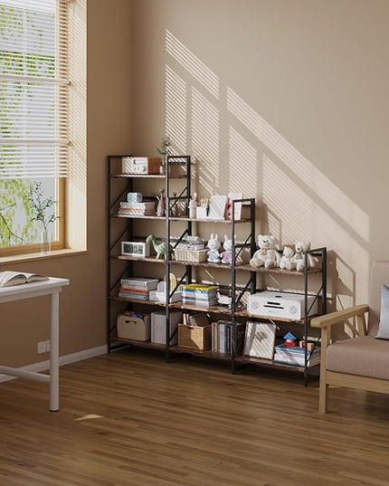 JSB No Assembly Folding Bookshelf, 5 Tier Industrial Metal Book Shelf for Storage, Vintage Wood foldable Bookcase for Living Room, Bedroom, Office Organization Shelves - LeafyLoom