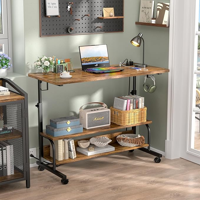 39" Height Adjustable Standing Desk with Power Outlets - Manual Rolling Stand Up Desk with Wheels Small Portable Computer Desk Mobile Laptop Table with Storage Shelves for Home Office, Rustic - LeafyLoom